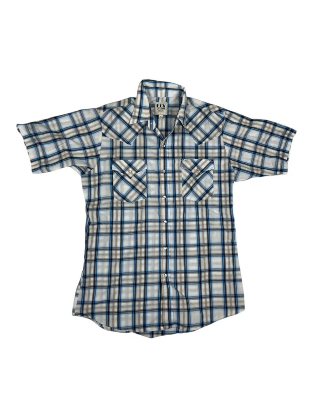 Ely Cattleman Pearl Snap Shirt Men's Medium Blue Plaid Western Cowboy Rodeo